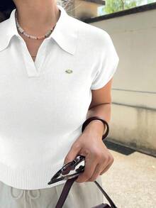 Jeta Ari Women's Fitted Polo Collar Solid Color Knit Sweater Top, Casual For Commuting In Spring/Summer - White - View 3