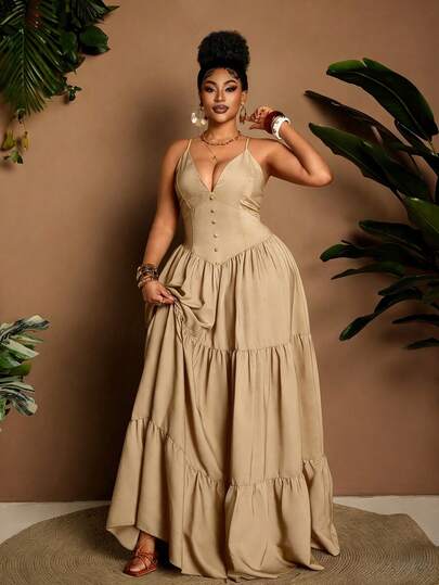 Maweii Plus Size Women Denim Effect A-Line Long Strap Sexy Dress
