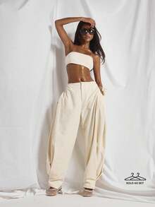 MUSERA Straight Square Neck Bandeau Shirred Back Top With Mid Rise Side Pleated Panel Balloon Tapered Leg Trouser Coord Sold As Set Cute Holiday Sexy Night Out Vacation Spring Summer Elegant Soleil Drape - Khaki - View 1