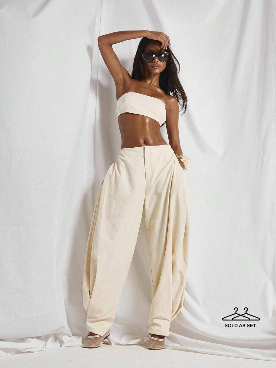 MUSERA Straight Square Neck Bandeau Shirred Back Top With Mid Rise Side Pleated Panel Balloon Tapered Leg Trouser Coord Sold As Set Cute Holiday Sexy Night Out Vacation Spring Summer Elegant Soleil Drape - Khaki - View 1