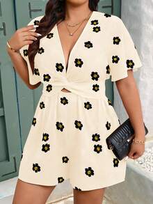 EMERY ROSE Celana Pendek Wanita Ukuran Besar Motif Bunga Leher V Tali Serut Pinggang Model A-Line Lengan Pendek Kasual Elegan, Musim Semi/Panas - Aprikot - View 7