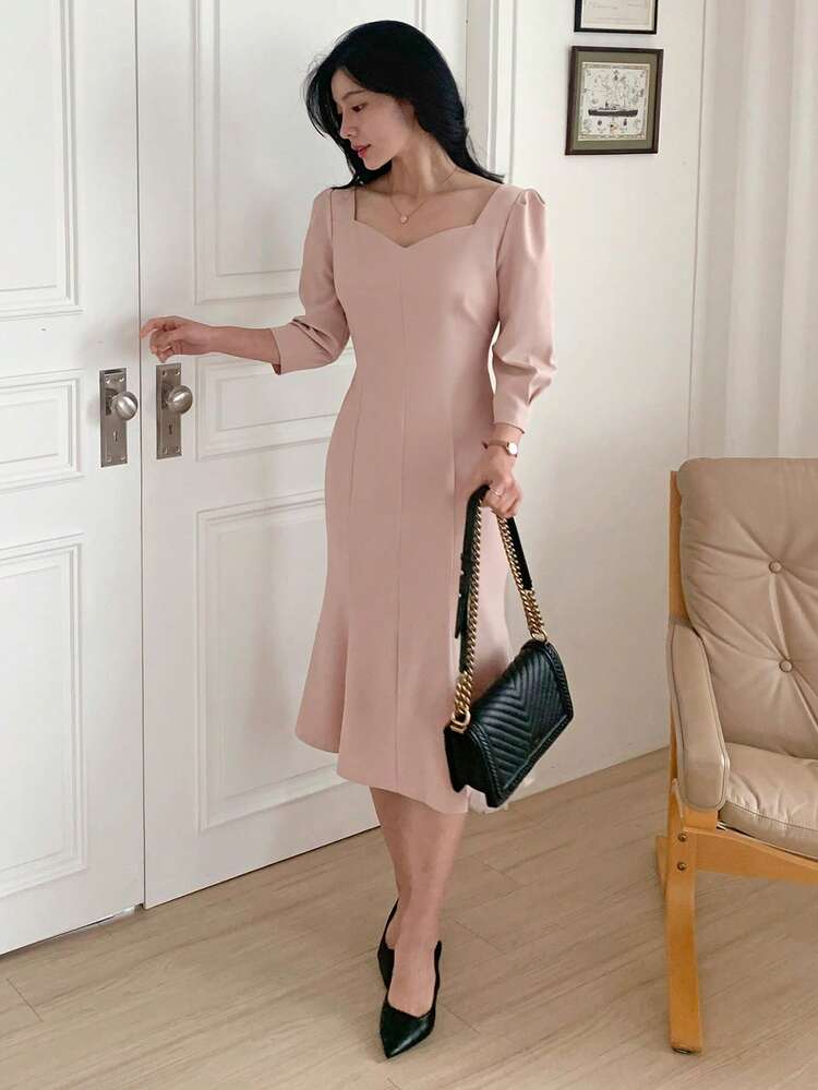 Women's Collared Waist Cinched Midi Dress, Elegant Commuter Dress In Pink Summer