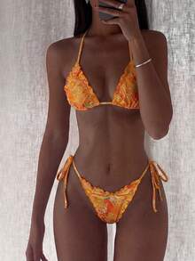 Swim Mod 2-Piece Floral Print Halter Neck Ruffle Trim Bikini Set, Swimwear For Womans Red Orange Summer Boho Beach Holiday Holiday Brazilian Bikini Set - Multicolor - View 3