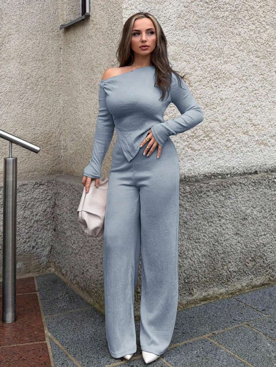 Jeta Ari 女士休闲毛茸茸不对称肩T恤+低腰阔腿裤两件套，冬季家居服 - 淺藍色 - 查看 1