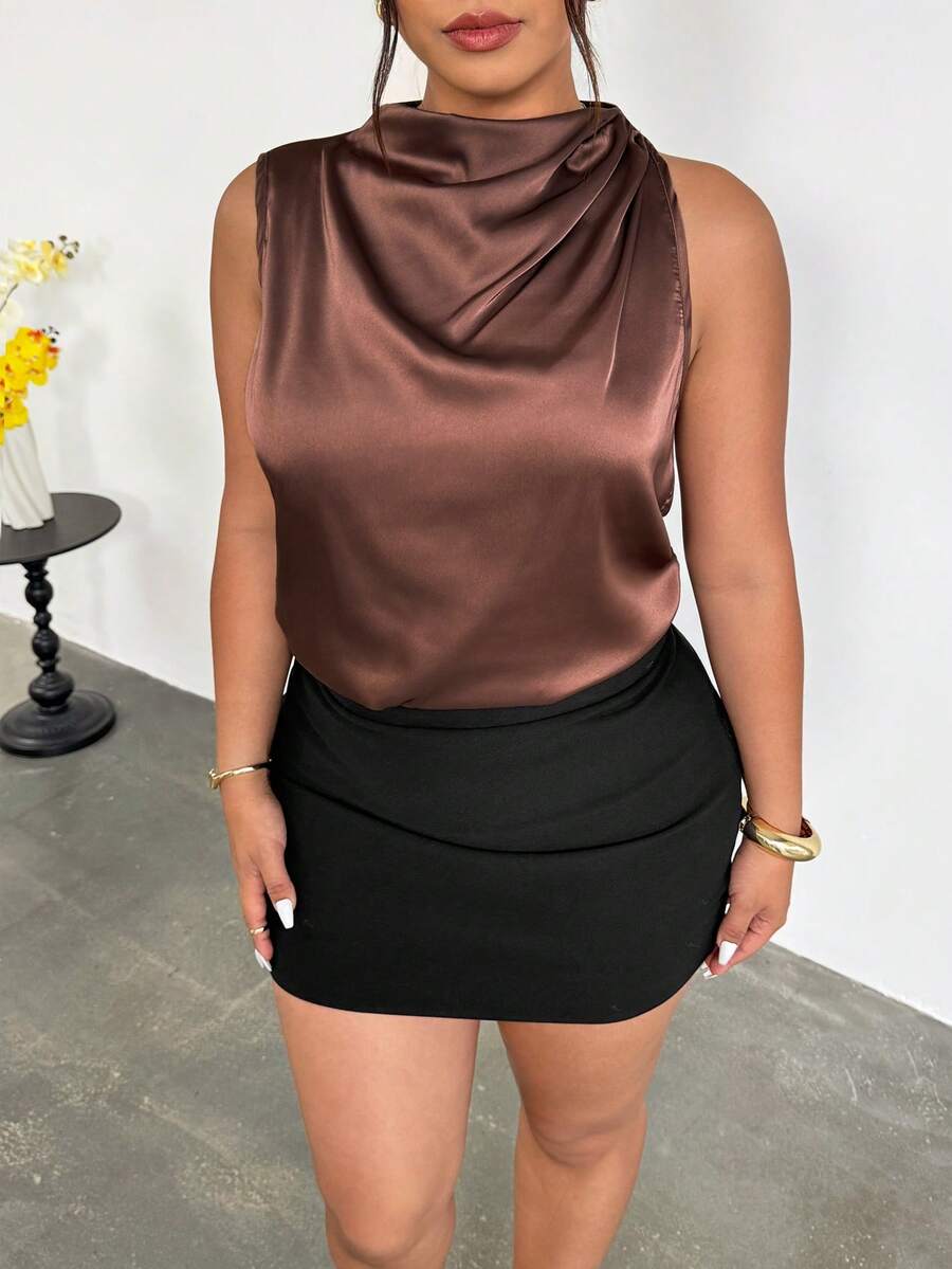 Firerie Áo kiểu nữ thanh lịch, thời trang mới, phù hợp đi làm, đi nghỉ mát, dự lễ hội âm nhạc, xếp ly bất đối xứng, màu mơ, mùa xuân/hè. - Màu Khaki - Xem 1