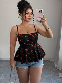 Elenzga Plus Size Woven Printed Summer Women's Halter And Tank Top - Black - View 3