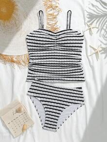 SHEIN Teen Girls' Tankini Bikini Set Set, Black & White Striped, Ruched Front Design With Spaghetti Straps, Sweet & Cool Girl Style, 2pcs, Fashionable Casual Elegant Suitable For Swimming, Summer Vacation, Beach, Pool Cute Swim Suits For Teens Bathing Suits For Teens Full Coverage Spring Summer Picks Striped Swimsuit High Waisted Bikini For Teens Bathing Suits For Teens One Piece Beach Swimsuit Summer Outfit For Women One Piece Swimsuit One Piece Swimsuit For Teens - Black and White - View 5
