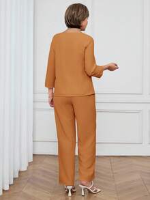Miaspire 女士纯色简约长袖上衣和裤子两件套 - 橘色 - 查看 2