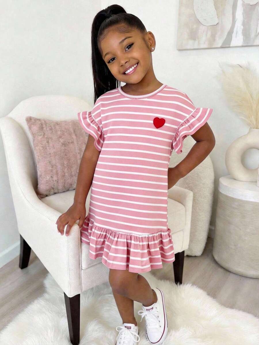 Tween Girl Pink And White Striped Knit Crew Neck Casual Dress, Summer Cute Back-To-School School Fashionable, Versatile For Party, Vacation, Tween Girl Dress - Pink - View 1