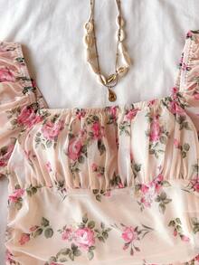 SHEIN Floral Print Ruffle Casual Everyday Party Dress For Teen Girls,Kids - Apricot - View 6