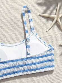 Conjunto de bikini a rayas para niñas preadolescentes, traje de baño triangular casual de poliéster para vacaciones de verano, playa, días festivos - Azul - Ver 4