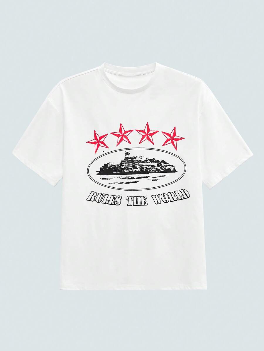 Modcrash 男士新款嘻哈时尚印花T恤，复古美式，男女皆宜，宽松版型夏季服装——适合日常穿着和夏季度假穿着。 - 白色 - 查看 1