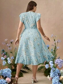 Roveilla Đầm dệt họa tiết hoa nhí tay bồng, eo dáng xòe. - Màu xanh lam - Xem 2