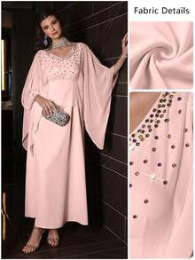 SHEIN Najma 浪漫玉米黄雪纺重工装饰长袍 - 粉色 - 查看 2