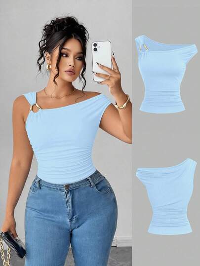 Elenzga Plus Size Asymmetric Collar Fitted T-Shirt, Versatile Casual Top, Spring/Summer