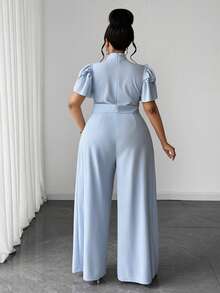 Maweii Plus Size Elegant High Neck High Waist Wide Leg Jumpsuit - Blue - View 2