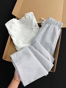 Elamini Women's New Summer Casual Pants With Drawstring Waist, Low Waist Design, Suitable For Daily Commute, School Style, Office, Leisure Travel, Black And White Striped - Black and White - View 7