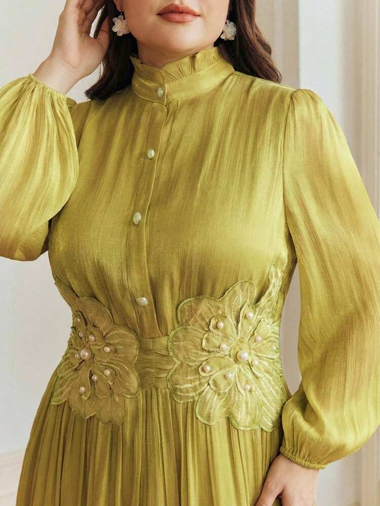 Plus Size Women's Elegant Green Mandarin Collar Half-Open Front Long Sleeve A-Line Maxi Dress, Waist Floral Decor, Suitable For Banquet, Valentine's Day, Wedding