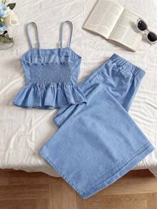 GlowEve 女士荷叶边吊带背心和牛仔裤套装 - 藍色 - 查看 2