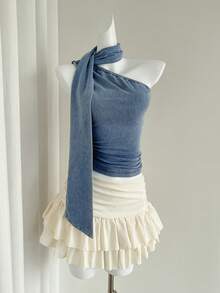 Elamini 女士夏季时尚露背单肩褶皱修身牛仔衬衫 - 藍色 - 查看 1