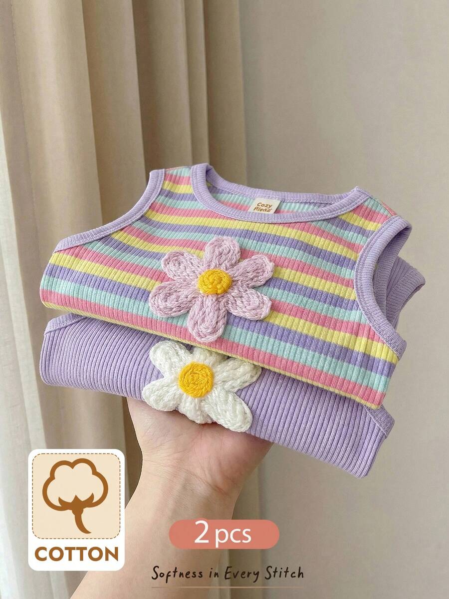 Cozy Pixies 2件套女婴纯色针织柔软圆领无袖上衣和条纹裤套装,棉质婴儿上衣,雏菊图案,淡紫色婴儿上衣,婴儿服装,花朵图案童装 - 彩色 - 查看 1