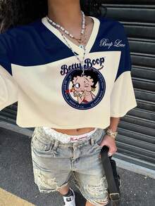 Slaydiva Betty Boop x SHEIN 大码女式V领卡通字母印花休闲百搭日常T恤 - 彩色 - 查看 4