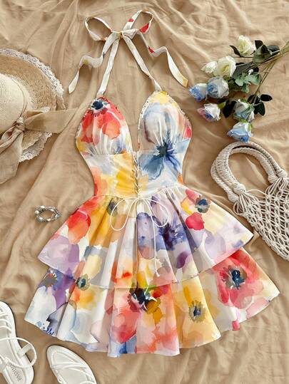 GlowEve 女士度假风水彩印花系带荷叶边连衣裙，浪漫婚礼、海滩音乐节夏季波西米亚风穿搭，女士夏季连衣裙，女士粉彩色连衣裙