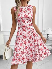 SHEIN Clasi Women's Floral Print Ruched Waist Elegant Midi Dress, Suitable For Dates And Parties,Red Dress - Red - View 3
