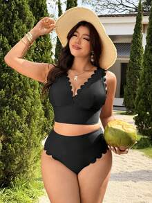 Swim Lushoire Top de bikini de talla grande con adorno de concha para playa de verano - Negro - Ver 1