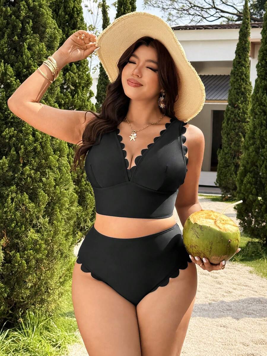 Swim Lushoire Top de bikini de talla grande con adorno de concha para playa de verano - Negro - Ver 1