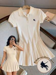 GlowEve Women's Casual Knight Embroidery Pleated Hem Dress, Summer - Beige - View 1