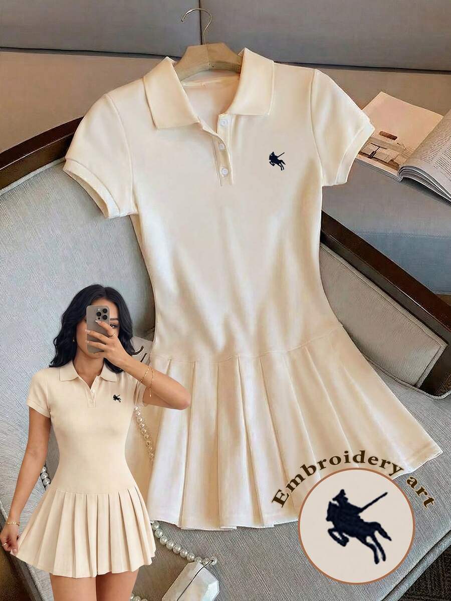 GlowEve Women's Casual Knight Embroidery Pleated Hem Dress, Summer - Beige - View 1