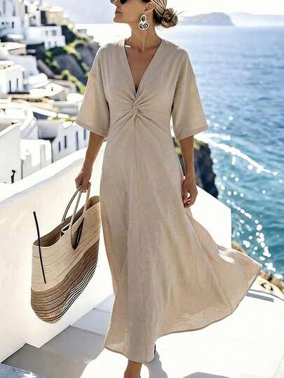 Breezaya Vestido largo para mujer, unicolor elegante con detalle de torsión