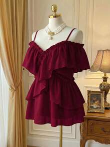 Rometta Áo sơ mi hai dây thiết kế tay bèo nhún lãng mạn màu trơn cỡ lớn Áo peplum Áo sơ mi nữ mùa hè Quần áo mùa hè Quần áo nữ - Màu đỏ tím - Xem 2