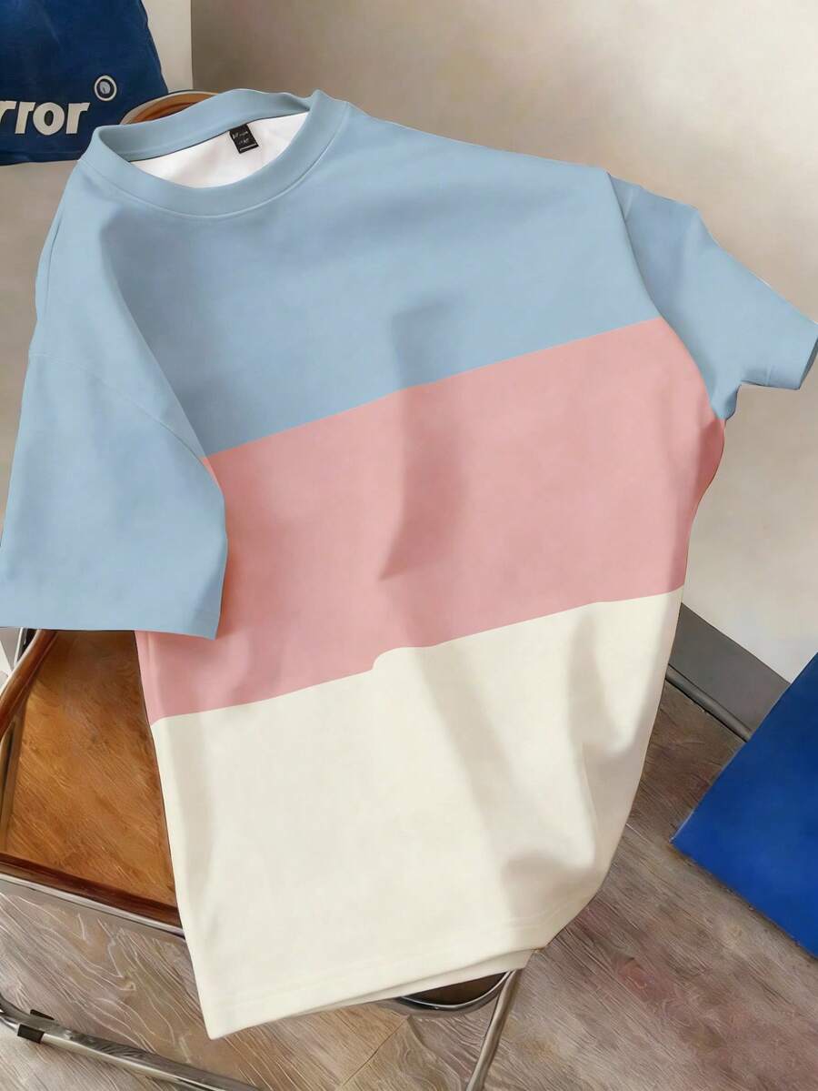 Manfinity Joysei Men's Casual Macaron Color Block Print T-Shirt, Suitable For Summer Outings, Fresh And Versatile - Multicolor - View 1