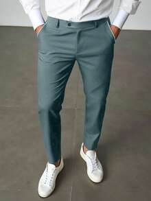 Calvornis Pantalones de traje de negocios casuales para hombres, diseño de bolsillo, regalo perfecto para tu novio o esposo. Pantalones de traje casuales de unicolor entallados para hombres, pantalones formales negros de corte slim para hombres, pantalones negros únicos para hombres, pantalones para hombres para ceremonias - Azul - Ver 3