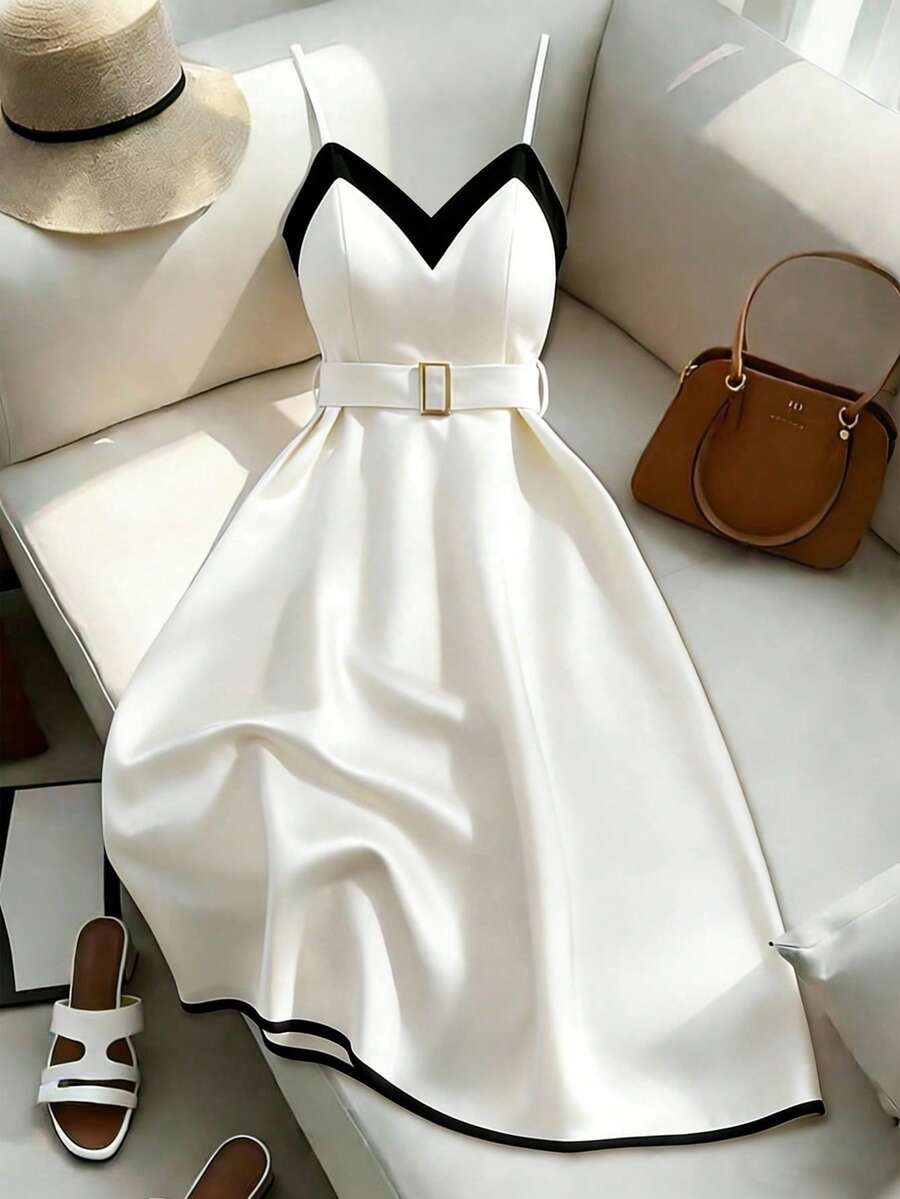 SHEIN Franclia Robe portefeuille élégante à taille ajustée et évasée avec contraste de couleurs pour femmes - Blanc - Voir 1