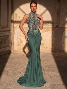 Glamrae 优雅奢华珍珠串珠花卉拼接弹力针织褶皱美人鱼裙泳衣，适合婚礼、派对、度假、舞会礼服（厚款） - 草綠色 - 查看 6