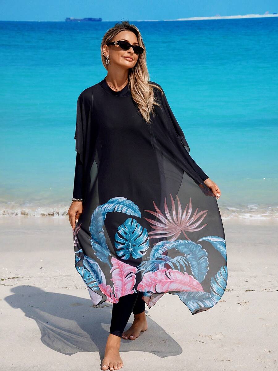 Swim Mulvari 3件套春夏新款纯黑色长袖拉链连体衣，搭配纯色长裤和长款网纱罩衫，女士沙滩休闲泳装 - 彩色 - 查看 1