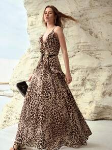 MOTF PREMIUM Đầm họa tiết da báo, chất liệu pha lanh, viền bèo nhún, phong cách thành thị thời trang và lãng mạn, mùa xuân/hè. - màu nâu - Xem 4