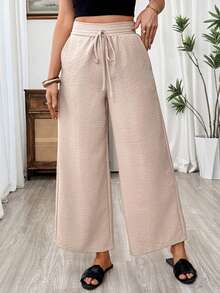 SHEIN Holidaya Women's New Summer Urban Relaxed Linen Wide-Leg Pants – Effortlessly Casual & Lazy Vibe, Perfect Light French Daily Look For Commute And Getaways Woman Summer Outfits - Khaki - View 5
