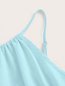 SHEIN LUNE Solid Color Round Neck Pleated Belt Jumpsuit - Light Wash - View 3