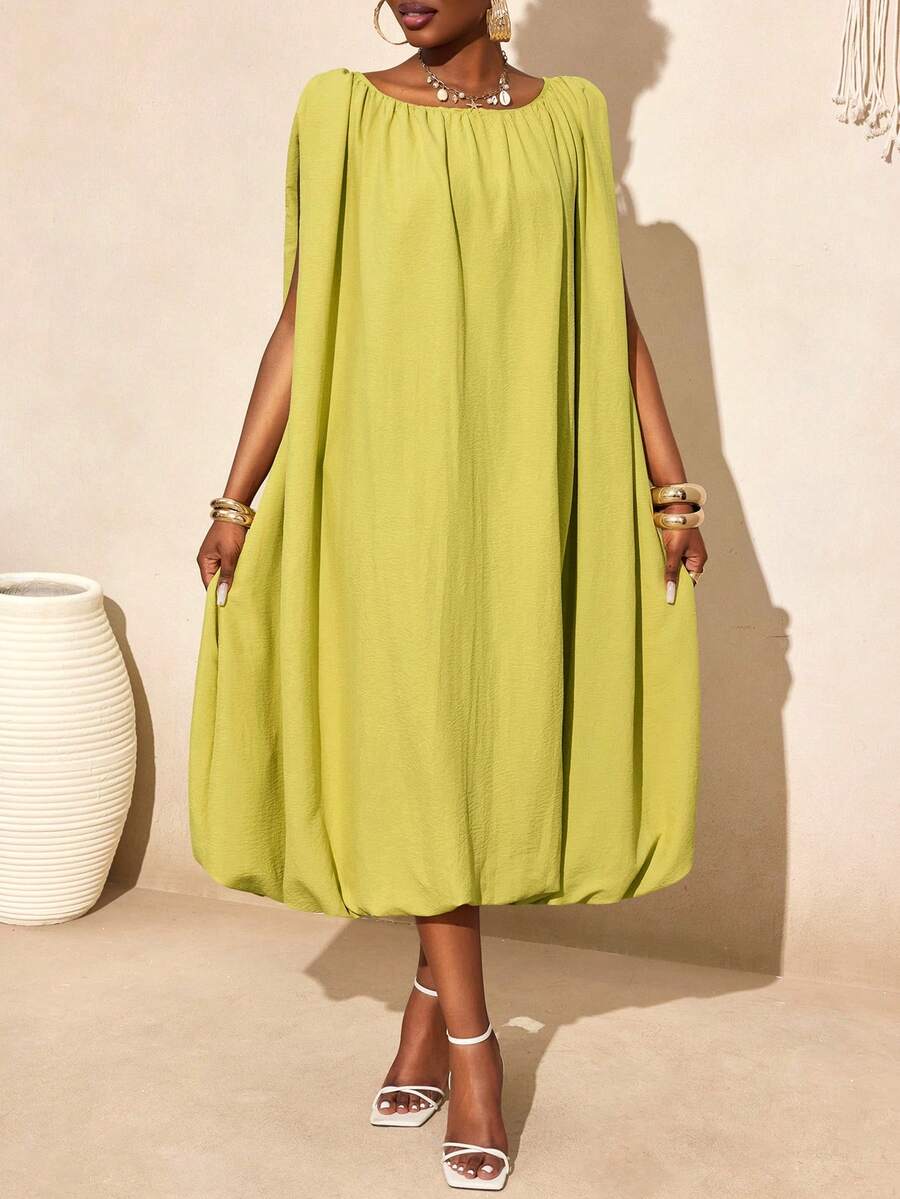 BamGleam 宽松褶皱无袖连衣裙，休闲波西米亚风格，修身剪裁，适合海滩度假 - 綠色 - 查看 1