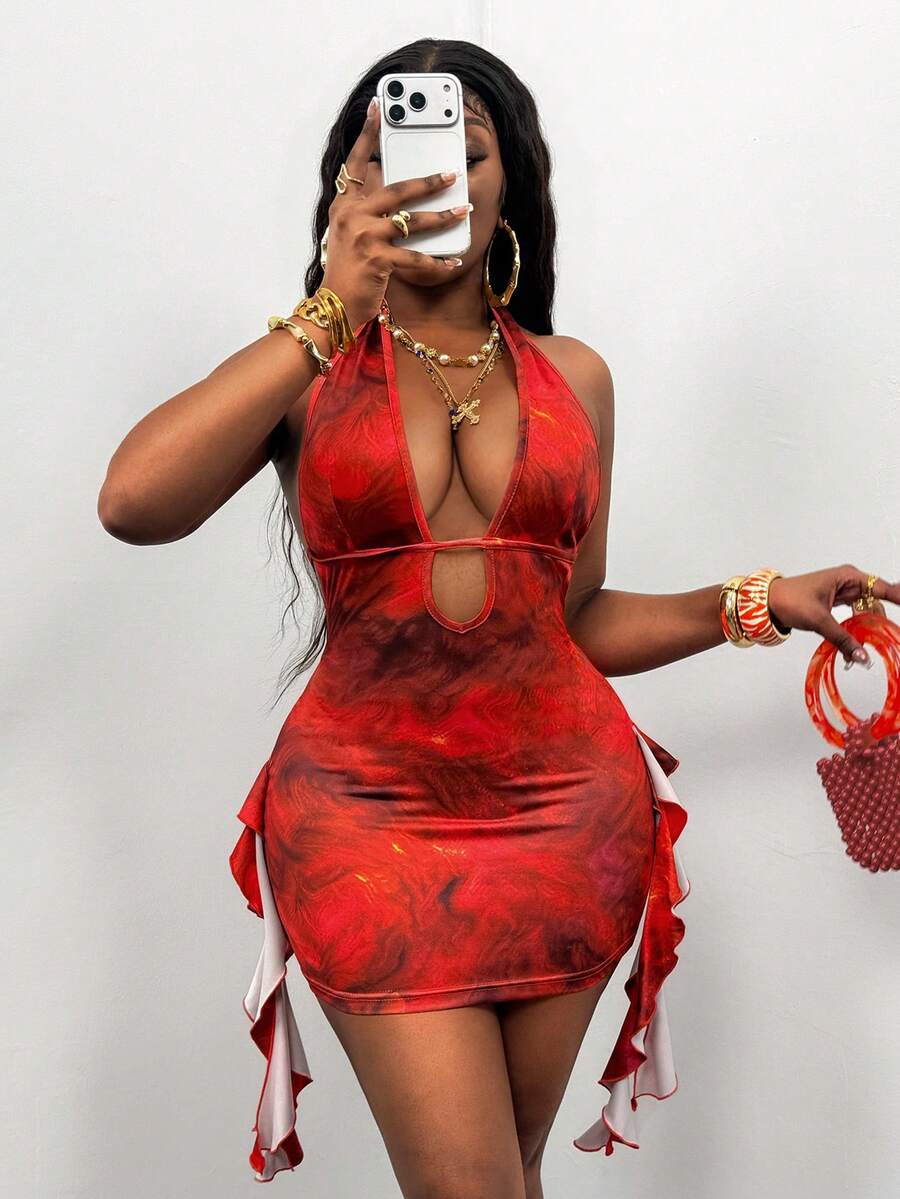 Glyssa Women's Tie-Dye Print Deep V-Neck Halter Dress - Coral Orange - View 1