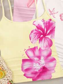 SHEIN Pink And White Summer Cute Vacation Holiday Tween Girl 3-Piece Set,Tropical Floral Hibiscus Shell Beach Scene Print Racerback Crop Tank Tops,White - Multicolor - View 3