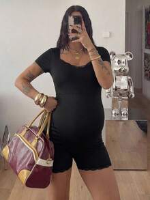 SHEIN Maternity Summer Pregnant Casual Solid Color Fitted Romper Black , Elegant, High Elasticity, Comfortable Romper - Black and White - View 1