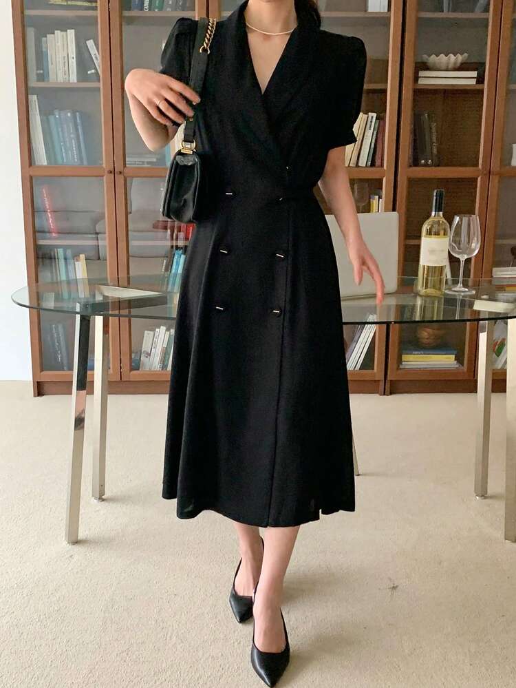 Women's V-Neck Blazer Collar Waist Cinched Short Sleeve Elegant Midi Dress For Commuting Sundress Summer