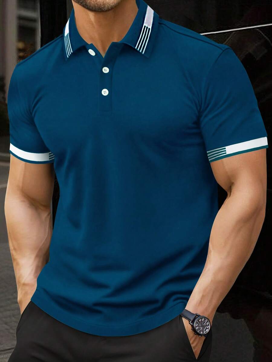 Manfinity Mode 男士撞色领口袖口短袖Polo衫 - 水鴨藍 - 查看 1