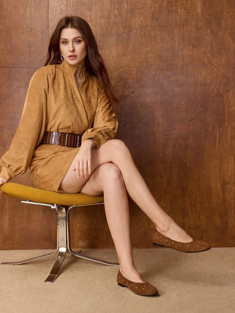 WOMEN SUDED STUDDED DETAIL ROUND TOE FLATS VALENTINE'S DAY