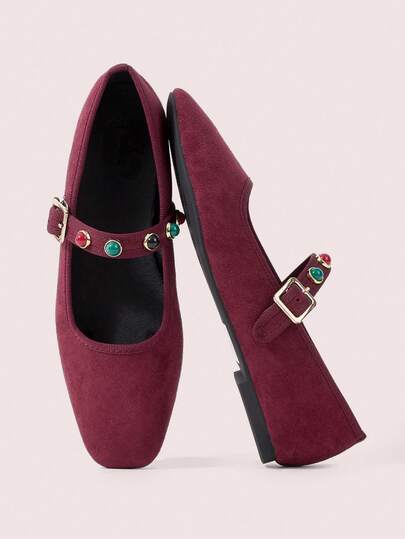 CUCCOO DOLLMOD Zapatos planos elegantes de mujer tipo Mary Jane con puntera cuadrada, escote bajo, lazo y decoración de cuentas de colores en terciopelo burdeos, adecuados para fiestas de cumpleaños y uso casual